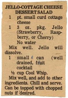 an old recipe for jello - oatmeal cheese dessert salad on a piece of paper