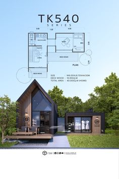 the front and back side of a small house with plans for each room in it