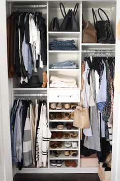 an organized closet with shoes, handbags and purses