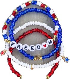 Blue Friendship Bracelets For 4th Of July Gift, Red Beaded Charm Bracelet For Friendship, Red Friendship Bracelet With Letter Beads, Multicolor Round Beads Bracelet For 4th Of July, Patriotic Blue Friendship Bracelets, Red Letter Beads Bracelets For Friendship, Red Bracelets With Letter Beads For Friendship, Patriotic Blue Friendship Bracelet, Blue Patriotic Bracelet For Friendship