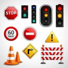 various traffic signs and cones on a white background - miscellaneous objects / symbols decoratives