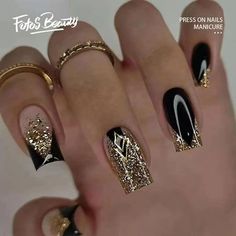 Cute Black Nails, Classy Black Nails, Birthday Nail Designs, New Years Eve Nails, New Year's Nails, Xmas Nails, Christmas Nail Designs, Nail Designs Spring, Nail Kit