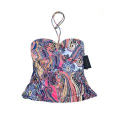 Tommy Hilfiger Jaipur Paisley Provence Blue Multi Printed Paisley Tankini Top Large Nwt Non-Removable Padding Halter - Ties Behind Neck Ruched At Sides For Slimming Effect Fully Lined 1718 Fitted Paisley Print Top For Beach, Tommy Hilfiger Swimsuit, Ruched Tankini, Crop Swim Top, Striped Halter Top, Striped Tankini, Halter Top Tankini, Halter Tankini, Swim Suit Bottoms