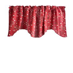 a red window valance with white flowers and hearts on it, hanging from the side