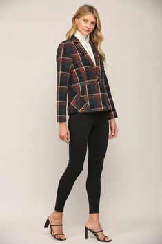 Elevate your style with our Embossed Knit Insert Plaid Blazer. This blazer features a unique embossed knit insert that adds texture and sophistication to the classic plaid design. Made with high-quality materials for a polished and professional look. -Color: Plaid Navy -Lined -Content: 100% Polyester -Hand wash/ Hang to dry -Imported -Runs true to size -Model is wearing a size Small Plaid Tweed Jacket For Business Casual In Winter, Plaid Wool Tweed Jacket For Office, Fall Wool Blazer For Office Wear, Tailored Tweed Jacket For Office In Fall, Chic Plaid Wool Blazer, Office Tweed Plaid Blazer, Office Tweed Blazer In Plaid, Fall Plaid Blazer With Notch Lapel, Plaid Tweed Jacket For Business Casual