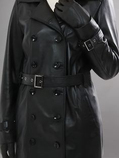 Sleek Leather Belted Outerwear, Belted Leather Long Coat For Business, Belted Long Leather Jacket For Business, Belted Leather Long Coat Jacket For Business, Belted Leather Jacket For Formal Occasions, Luxury Leather Belted Jacket, Luxury Leather Jacket With Belt, Luxury Leather Belted Leather Jacket, Sleek Double-breasted Leather Outerwear