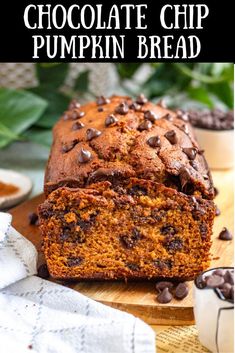 a loaf of chocolate chip pumpkin bread on a cutting board