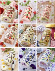 several pictures of different types of fruit and pastry items with flowers on them, including bananas, strawberries, raspberries, strawberrys, croissants