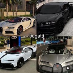 four different types of bugatti cars parked in front of a building and on the street