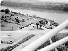 black and white photograph of an aerial view of a lake