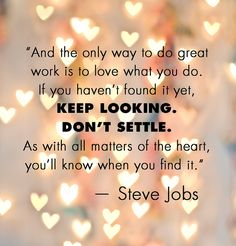 a quote from steve jobs about love and life on a blurred background with heart - shaped lights