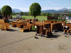 there are many pieces of wood on display in the park with mountains in the background