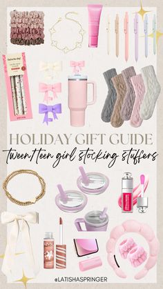 the holiday gift guide for girls with pink and white accessories, including lipstick, eyeliners