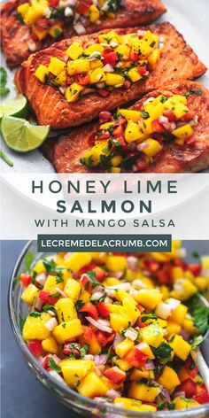 grilled salmon with mango salsa is served in a glass bowl and on a white plate