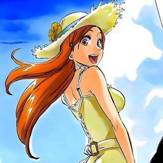 a woman with long red hair wearing a yellow dress and a large hat on her head