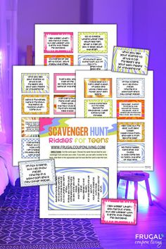 the scavenger hunt riddles for teens is displayed in front of a purple background