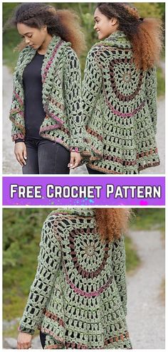 two pictures of a woman wearing a crochet jacket with the text free crochet pattern