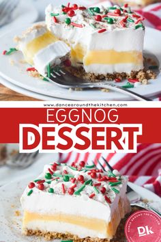 eggnog dessert on a white plate with red and green sprinkles