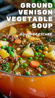 a close up of a bowl of ground venison vegetable soup