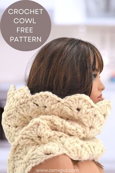 a woman wearing a crochet cowl scarf with text overlay that reads, crochet cowl free pattern