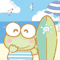 a cartoon frog holding a surfboard on the beach