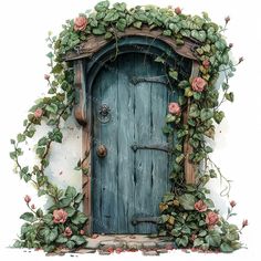 an image of a blue door with vines and flowers on the outside, surrounded by greenery