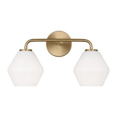 two light brass bathroom fixture with white glass