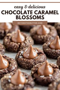 chocolate caramel blossom cookies with text overlay