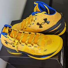 Steph Curry 2 Retro 'Double Bang' X Under Armour Brand New W/ Original Box Size: Us Men's 12 Colorway: Steeltown Gold/Taxi Sku: 3026281 700 Yellow Lace-up Basketball Shoes With Rubber Sole, Yellow Basketball Shoes With Rubber Sole, Yellow Basketball Shoes With Branded Insole And Round Toe, Yellow Basketball Shoes With Branded Insole, Yellow Sneakers With Removable Insole For Sports, Yellow Basketball Shoes With Cushioned Footbed, Yellow Breathable Basketball Shoes For Sports, Breathable Yellow Basketball Shoes For Sports, Steph Curry Shoes