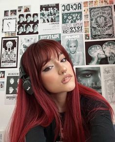 Fall Bayalage Brunette Red, Red Hair With Bangs Aesthetic, Red Hair Bangs Asian, Cherry Red Hair Straight, Red Dye For Dark Hair, Red Hair Bangs Long, Split Dyed Hair Red And Brown, Makeup For Dark Red Hair, Red Hair Color With Bangs