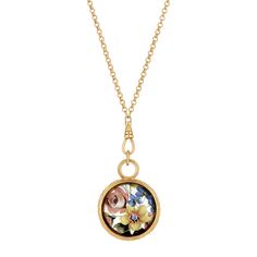 Round Multicolor Flower Intaglio Glass Swivel Pendant Necklace 28 Inches Channel Jewelry, 1928 Jewelry, Floral Decal, Vintage Inspired Jewelry, Floral Pendant, Medallion Necklace, Glass Pendant Necklace, Gold Dipped, Gold Tone Necklace