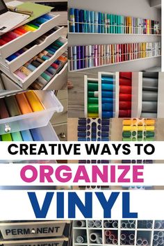 CREATIVE WAYS TO ORGANIZE CRICUT VINYL Organizing Vinyl Rolls, Storing Vinyl Rolls, Circuit Storage Ideas, How To Store Vinyl Rolls, Cricut Station Storage Ideas, Ways To Store Vinyl, Diy Vinyl Storage Rack, Vinyl Storage Ideas, Cricut Storage