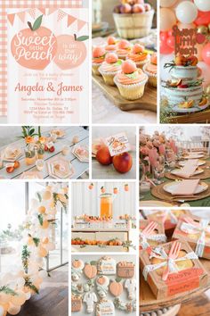 an orange and pink wedding theme is featured in this collage with peaches, apples,