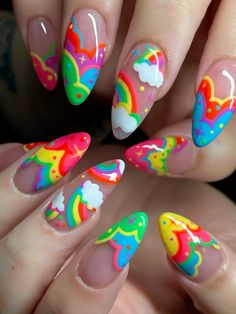 HAPPY PRIDE !!! god tier pride nails ~ 🌈  #pridenails #pridemonth #nailart #brightnailcolors #happypridemonth Cute Aesthetic Nail Designs, My Little Pony Theme Nails, One Finger Nail Art, Clowncore Nails, Nostalgia Nails, Loud Nails, Bright Fun Nails, Decora Nails