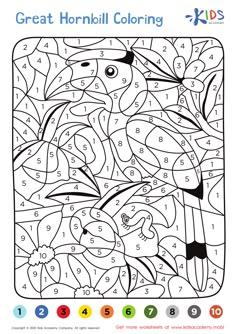 the color by number coloring page for children with an image of a bird and leaves