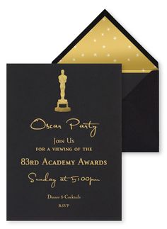 a black and gold birthday party card with an oscar statue