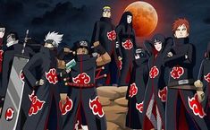 an anime scene with many people dressed in black and red