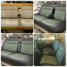 four pictures of the inside of a car with seats up and in different stages of restoration