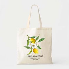 a tote bag with an image of lemons and flowers on the front that says, the romers