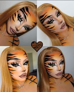 Cute Tiger Makeup, Halloween Tiger Makeup, Baddie Halloween Makeup, Tiger Makeup Women, Tiger Makeup Halloween, Face Paint Ideas For Halloween, Boxer Makeup, Tiger Halloween Makeup, Tiger Costume Women