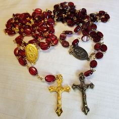 New Without Tags. Choose Brass Or Gold Tone. Brass With Dark Red Beads. Gold With Light Red Beads. Red Rosary Beads For Jewelry Making, Handmade Red Rosary For Jewelry Making, Red Beaded Rosary With Round Beads, St Therese, Red Beads, Rosary Beads, Gold Brass, Red Bead, Light Red