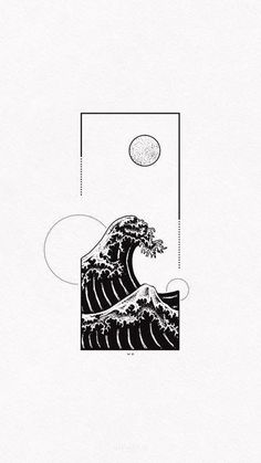 the great wave is depicted in this black and white illustration