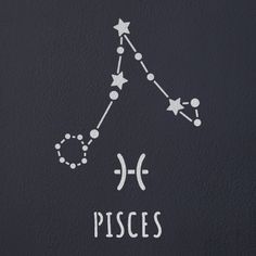 the zodiac sign pisces is drawn in white on a black background with stars