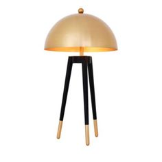 an image of a lamp that is gold and black with wooden legs on white background