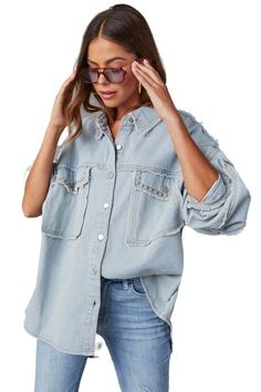 Sexy denim shirt oversize style, Front button closure, Spread collar, long sleeves, front flap-patch pocketsS: Bust 48 inches, Length 28 inches M: Bust 50 inches, Length 28.7 inches L: Bust 51 inches, Length 29 inches XL: Bust 44 inches, Length 30 inches Model size small 5'8" 36-26-38 Made In: CHINAFabric Contents: POLYESTER COTTON Denim Shacket Outfit, Shacket Outfit, Denim Style Casual, Denim Shacket, Moda Denim, Distressed Jean Jacket, Jean Jacket Women, Denim Patterns, Saint John