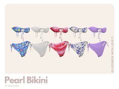 a group of bikinis with ties tied to them in different colors and patterns, all lined up against a white background