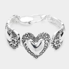 Antique Silver Metal Heart Centered Pendant Style Bracelet Statement Fashion Jewelry Accessory Size : 1" H, 7" L Magnetic Closure Theme: Heart A 9267 B Bundle To Save On Shipping Silver Adjustable Vintage Heart Bracelet, Silver Adjustable Heart Bracelet In Vintage Style, Silver Vintage Heart Bracelet, Adjustable Fit, Vintage Adjustable Silver Heart Bracelet, Silver Metal Heart Bracelet For Wedding, Silver Heart Chain Bracelet, Vintage Heart Bracelet, Statement Fashion, Metal Bracelet