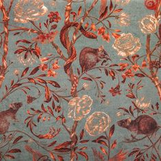 a blue and red wallpaper with birds, flowers and leaves on the bottom half of it