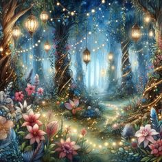 a painting of a forest with lights and flowers