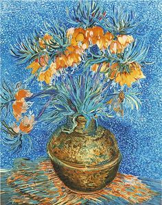 a painting of yellow flowers in a green vase on a blue background with gold foil